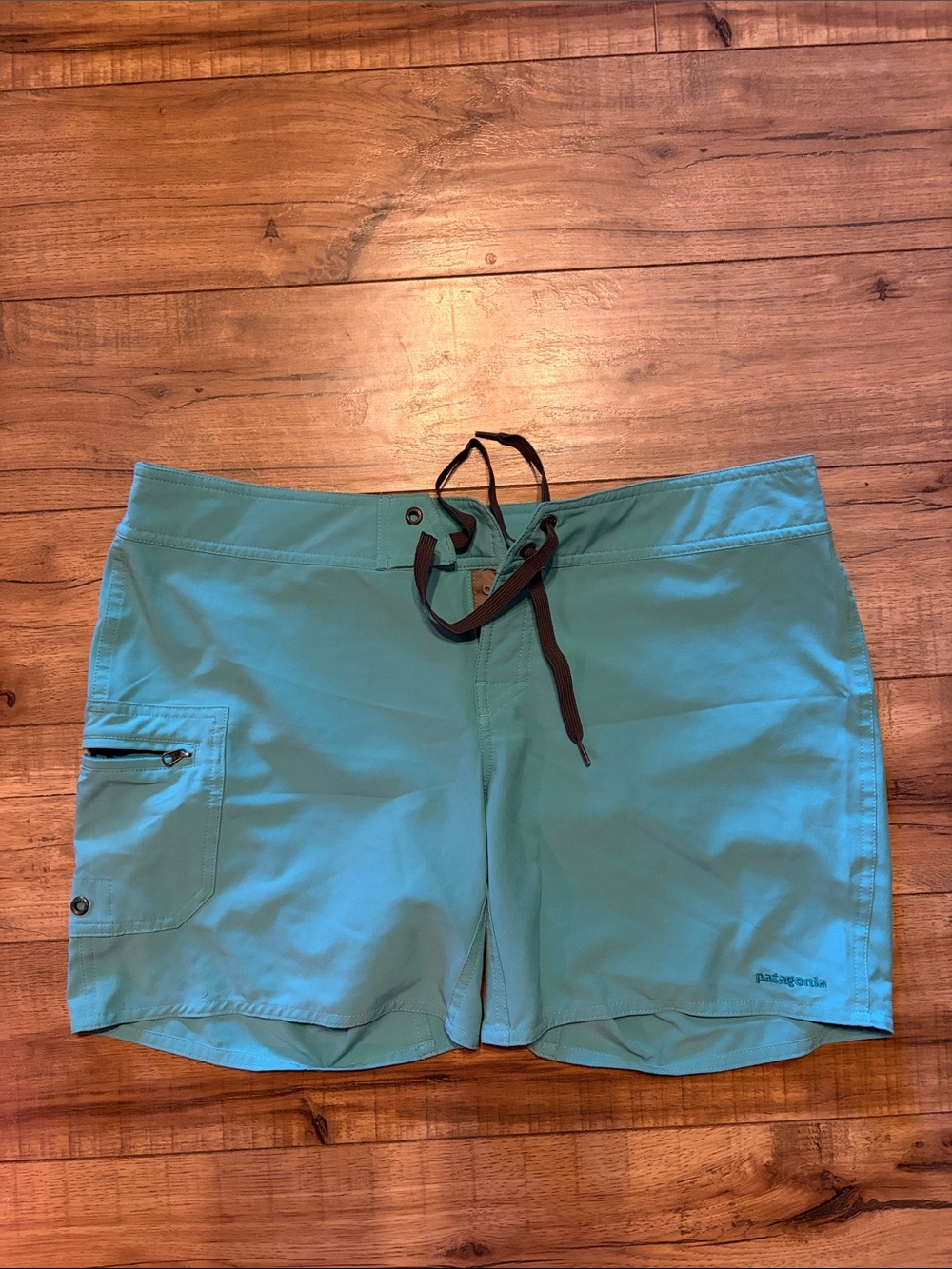 Patagonia Teal Women's Swim/Board Shorts with Brown Drawstring